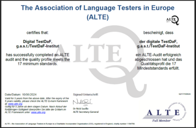 Zertifikat der ALTE Q-Mark für den digitalen TestDaF